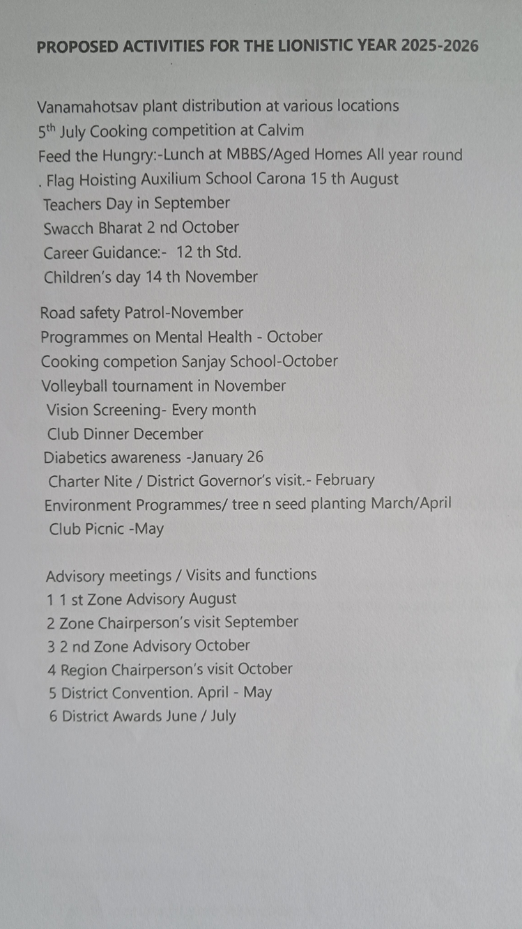 Calender of yearly events/activities