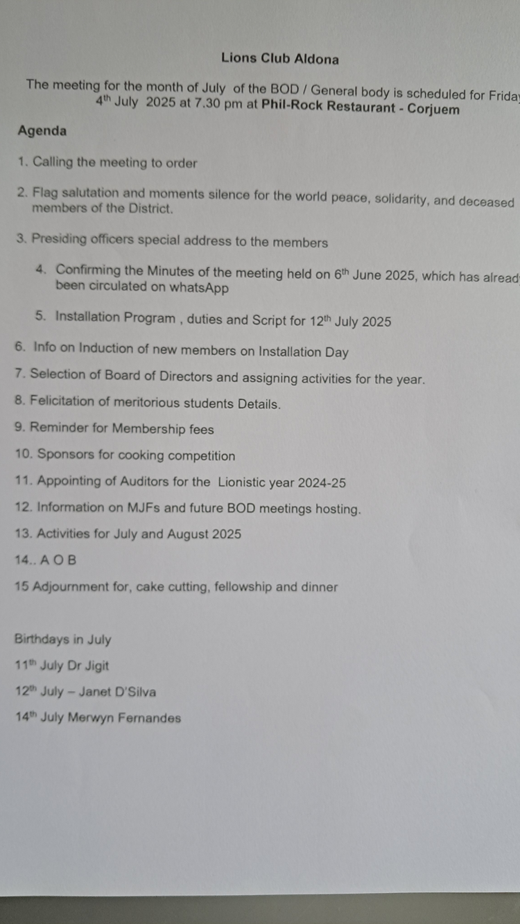 Monthly BOD held for July