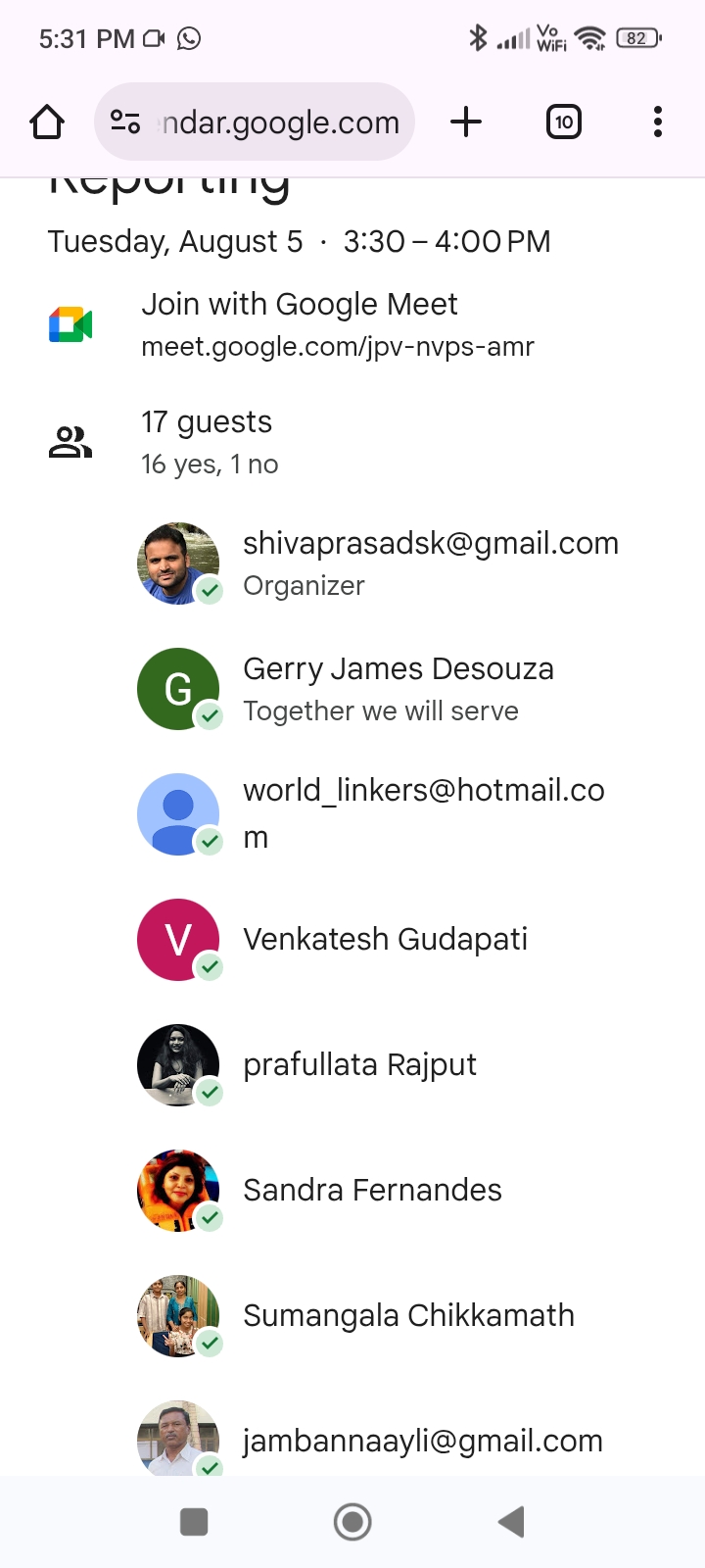 Attended on line "Service Activity Reporting Session" Lion Shivaprasad on 05/08/2025 at 5.00 PM 