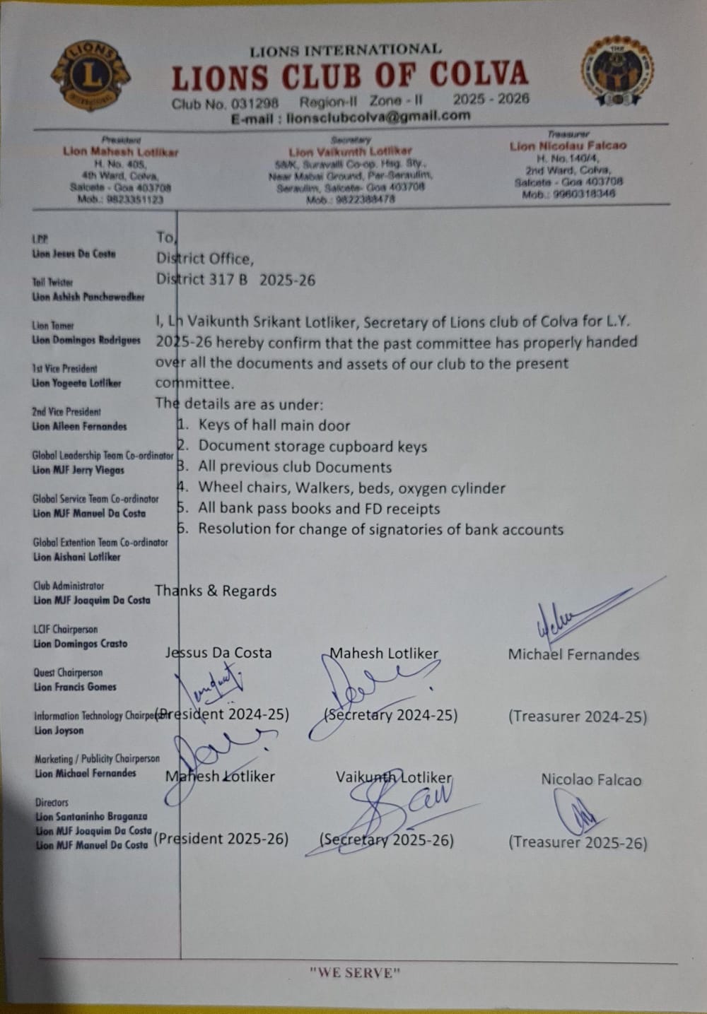 Handing over the club assets to new BOD
