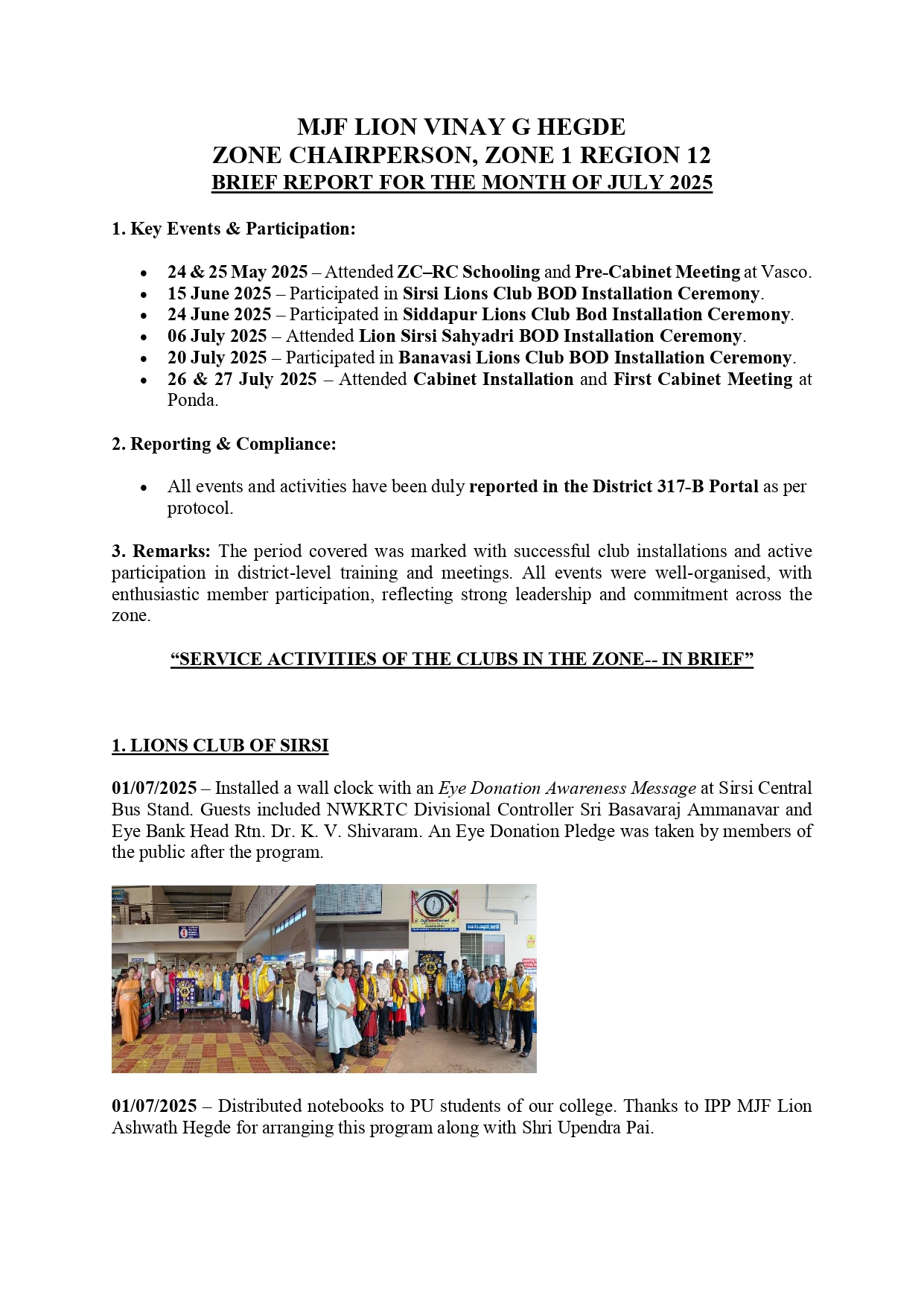 ZONE CHAIRPERSON ZONE 1 REGION 12 MONTHLY REPORT