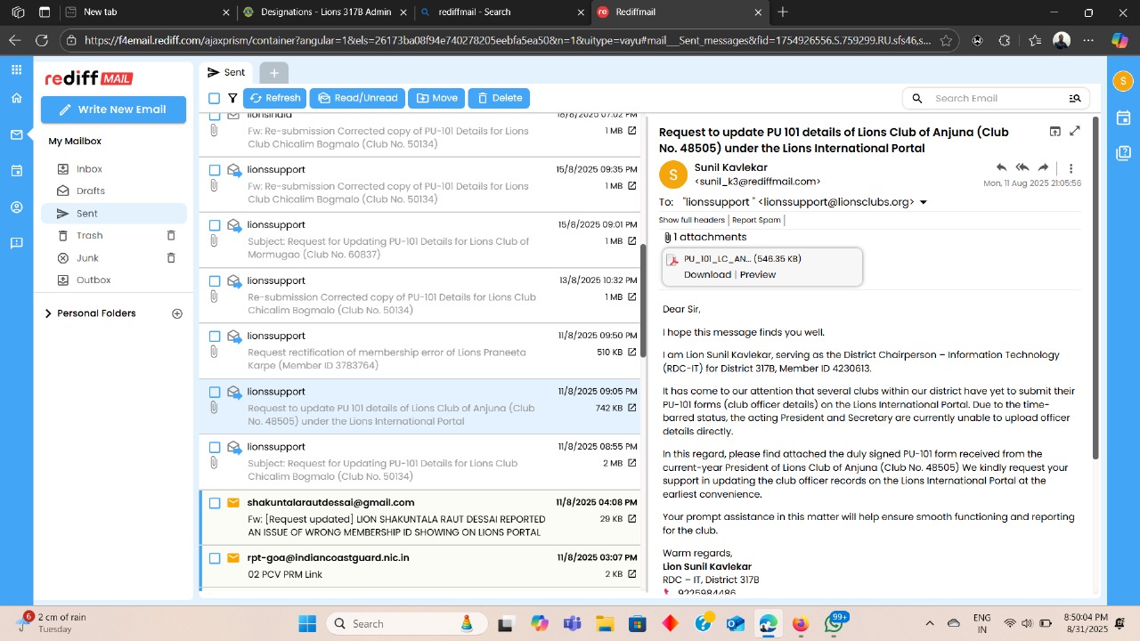 SUBMITTED PU 101 FORM OF LIONS CLUB OF ANJUNA TO INTERNATIONAL OFFICE MUMBAI FOR UPDATING CLUB OFFICERS ON LIONS PORTAL