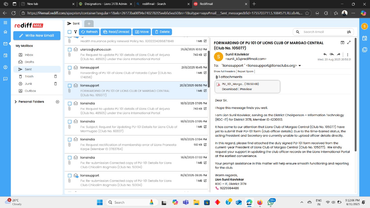 PU 101 of LC Margao Central for year 2025-26 forwarded to International office Mumbai on 20 Aug 2025 for updating PST and club officers records on Lions Portal