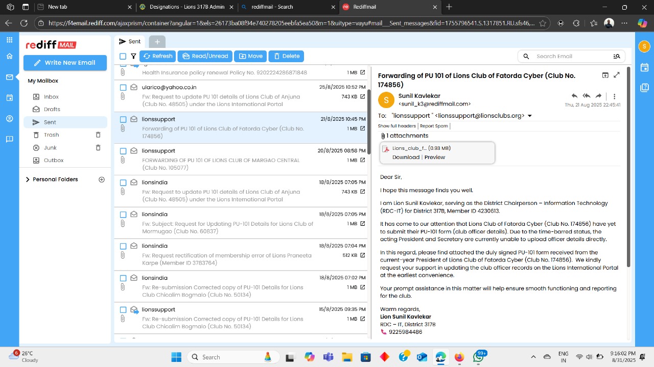 Forwarded PU 101 of LC Fatorda Cyber for year 2025-26  to International office Mumbai