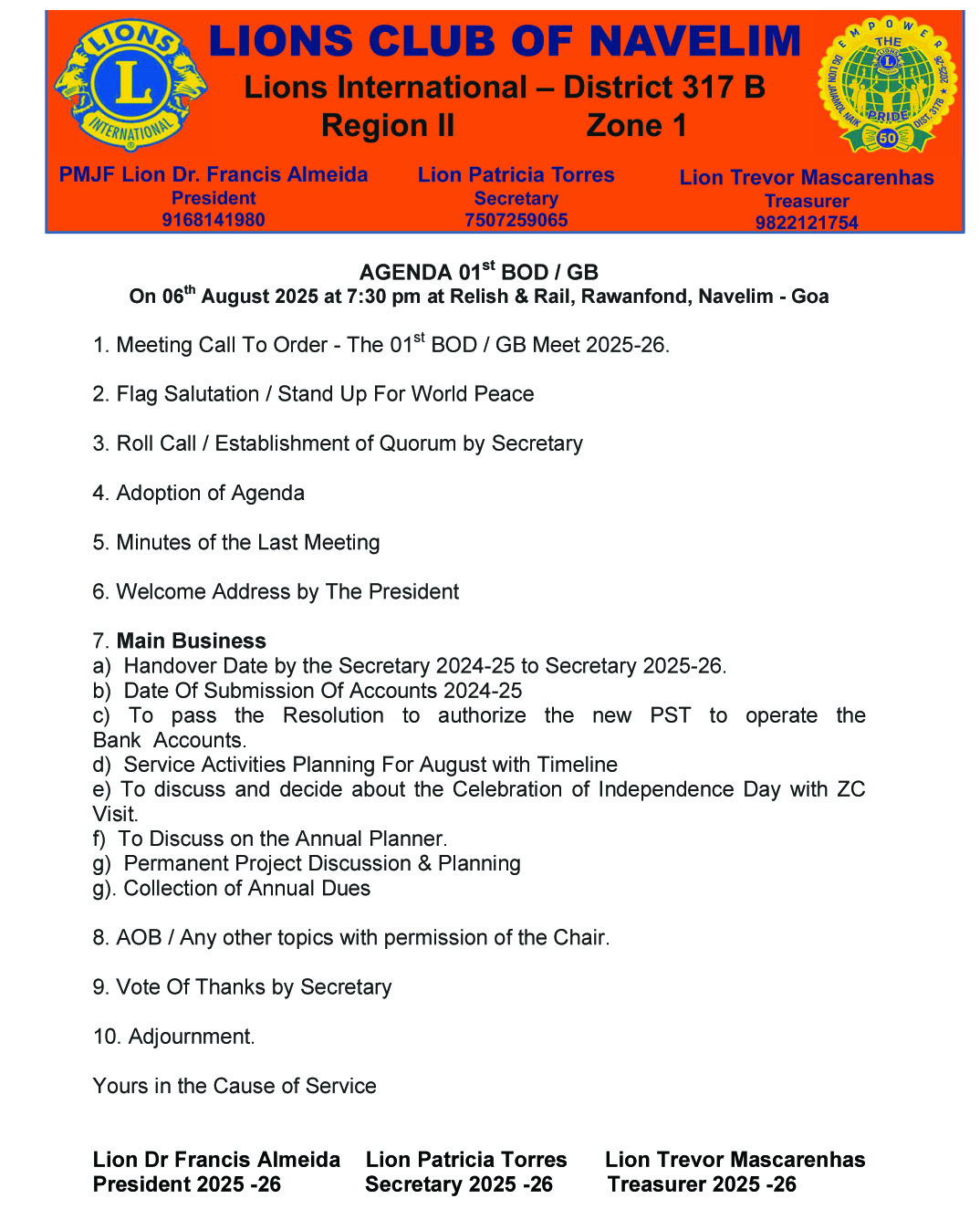 Lions Club of Navelim GB / BOD Meeting was held with Agenda Circulated in Advance to the Lion Members