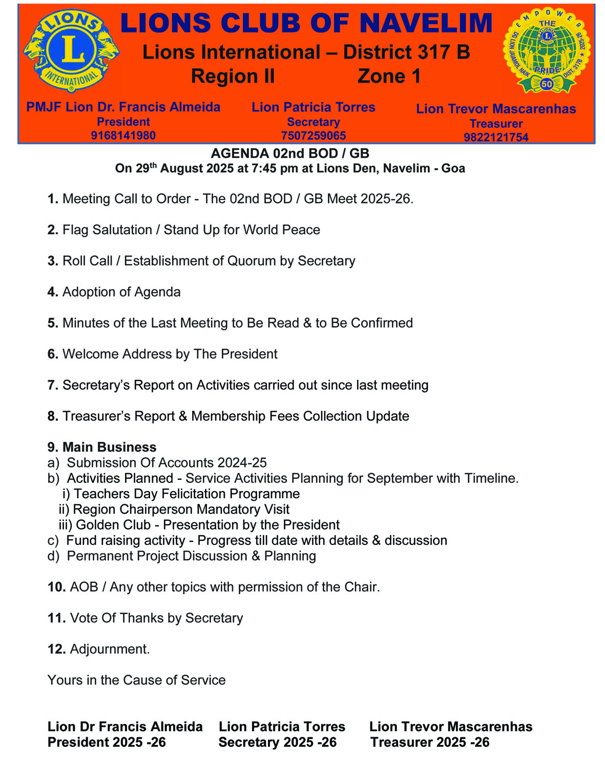 Lions Club of Navelim 2nd GB / BOD Meeting was held with Agenda Circulated in Advance to the Lion Members