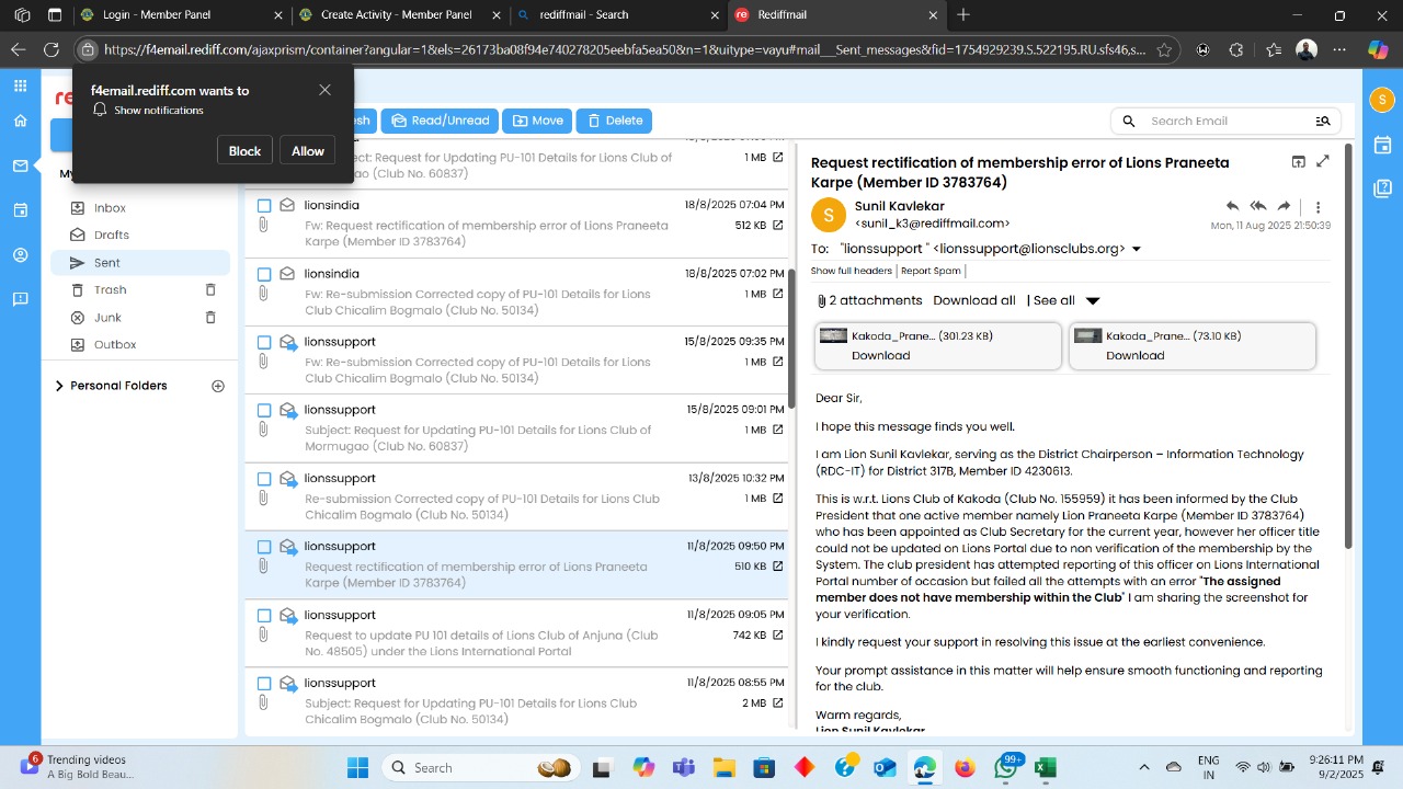 MEMBERSHIP ERROR ON LIONS PORTAL SERVER REPORTED BY LION PRANEETA KARPE, SECRETARY OF LC KAKODA