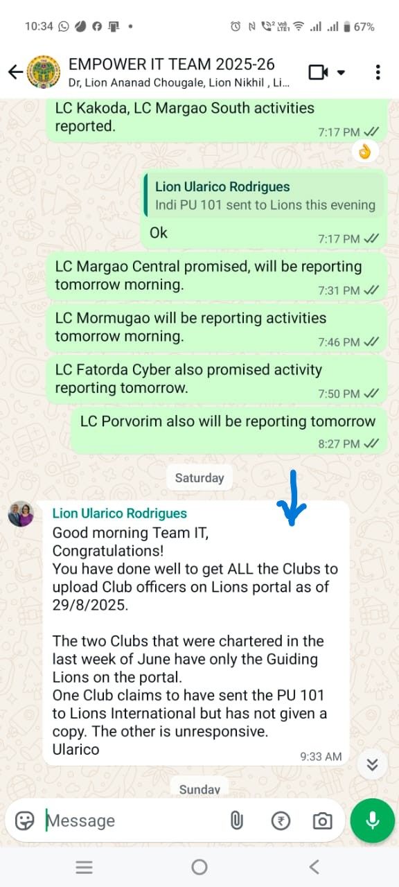 COMPLETED THE TASK OF 12 CLUBS PU-101 REPORTING TO LIONS INTERNATIONAL. 