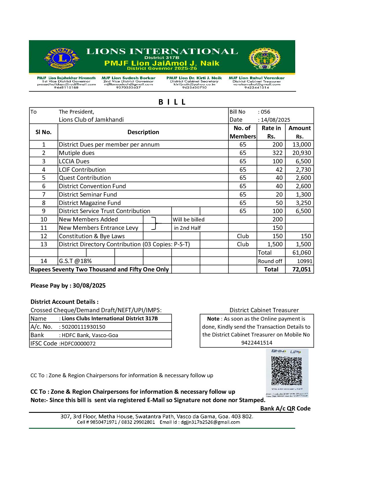 Lions club of jamkhandi paid district  dues on 04.09.2025