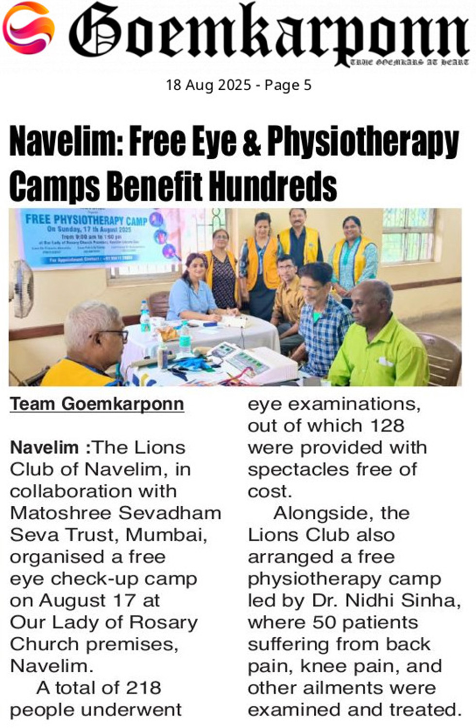 Physiotherapy Appeared on Goemkarponn Newspaper