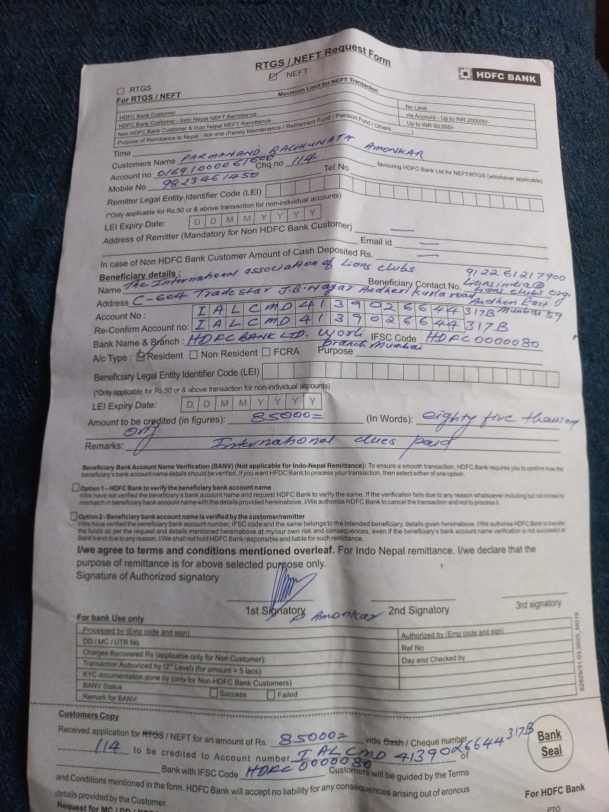 International dues paid by Lions Club  of Mapusa attached is the bank slip