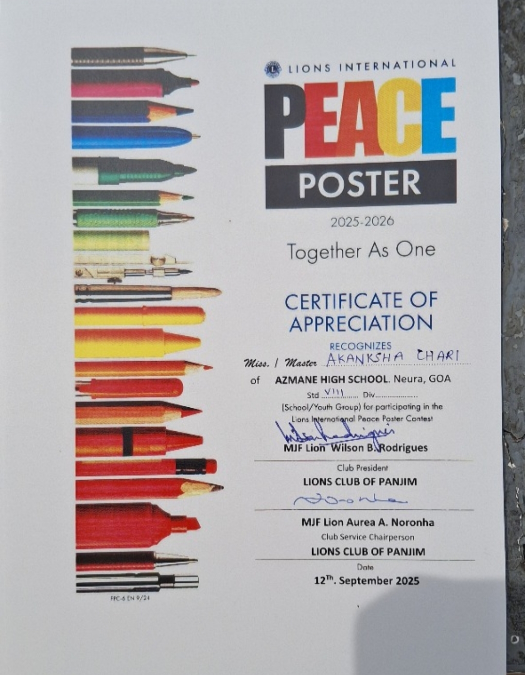 Peace Poster Contest was conducted by President and Members of Lions Club of Panjim.