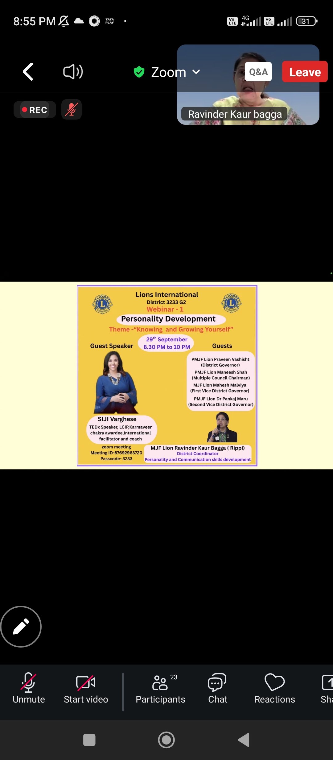 Attended The Lions Virtual Seminar & Talk By LCIP Speaker Lion Siji Varghese