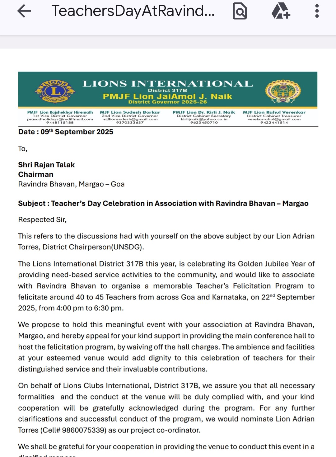 District Teachers Day Sponsorship with Free Hall of Ravindra Bhavan For The Function