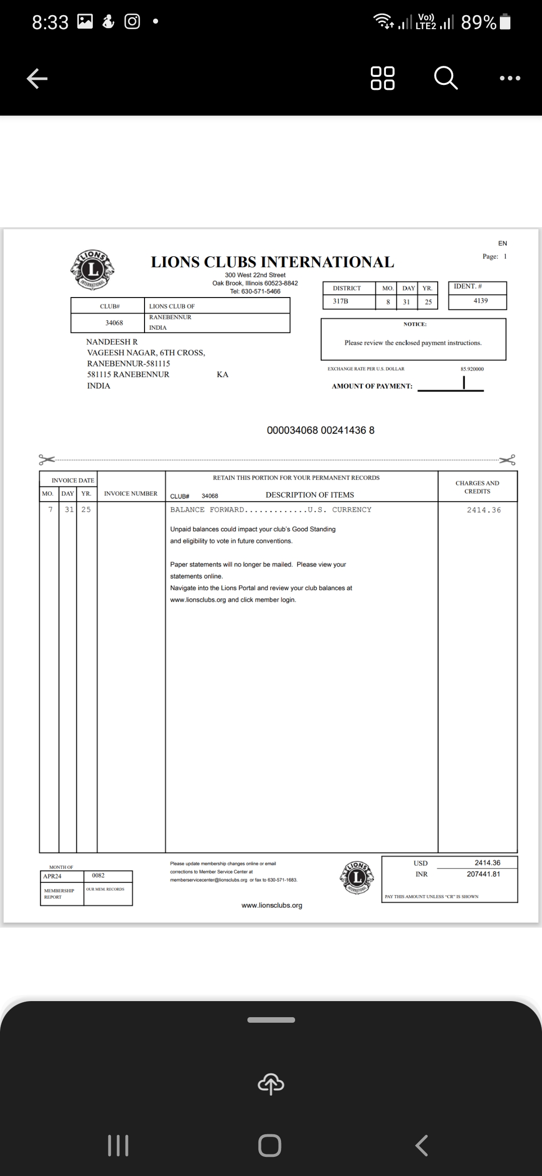 Assisting international dues statement for RC IX.