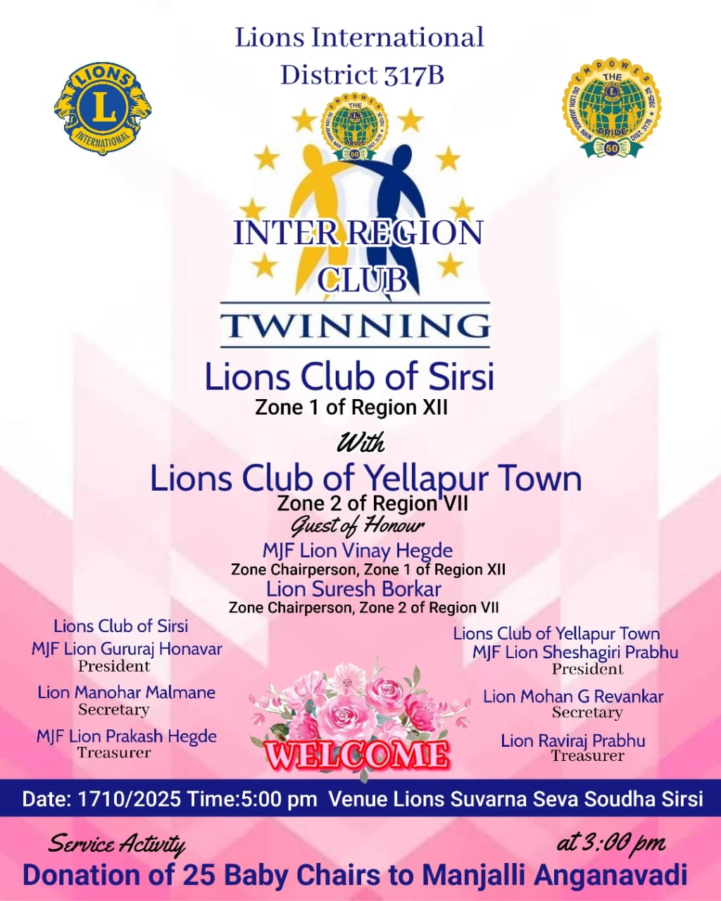 INTER REGION CLUB TWINNING WITH LIONS CLUB OF YELLAPUR OF REGION 7