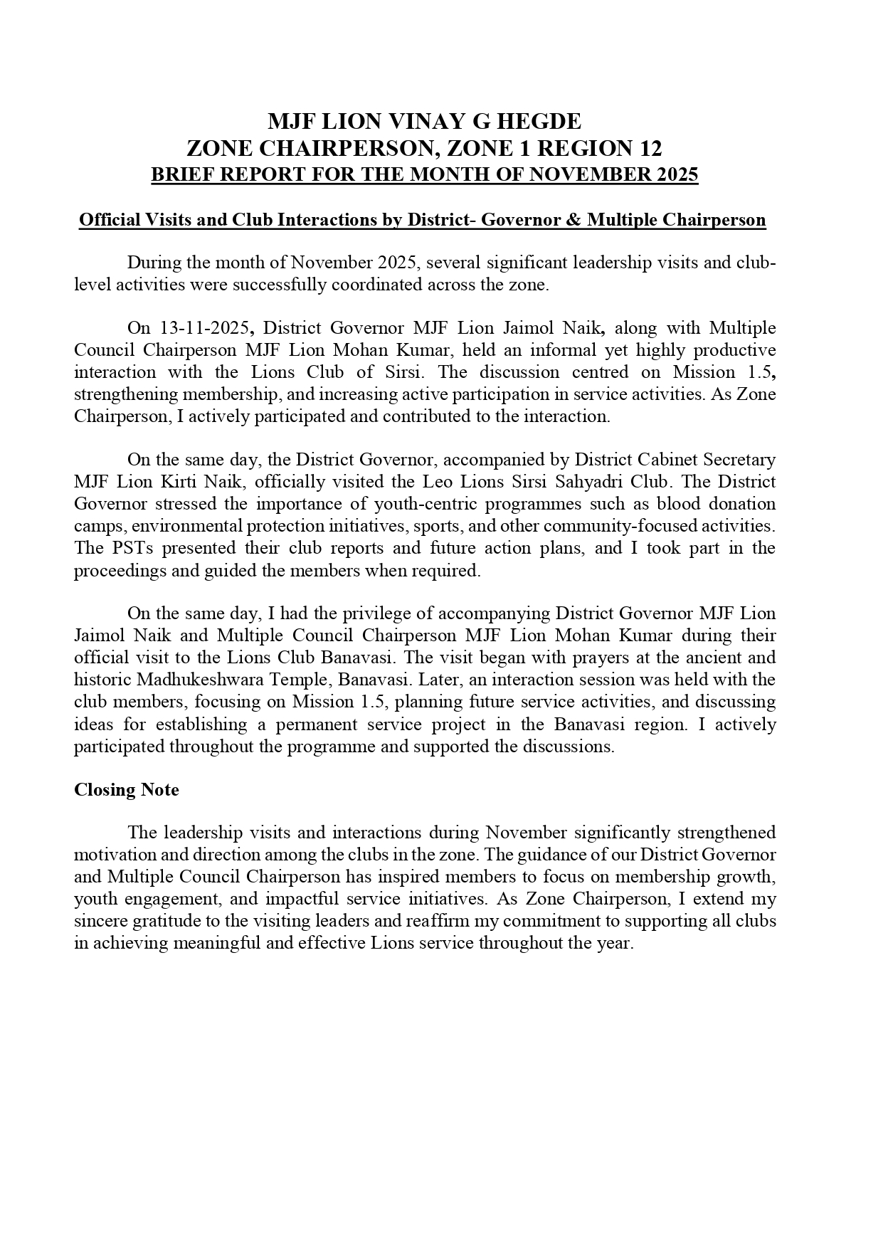 NOVEMBER MONTH ZC REPORT COMMUNICATED THROUGH MAIL TO DG OFFICE AND REGION CHAIRPERSON