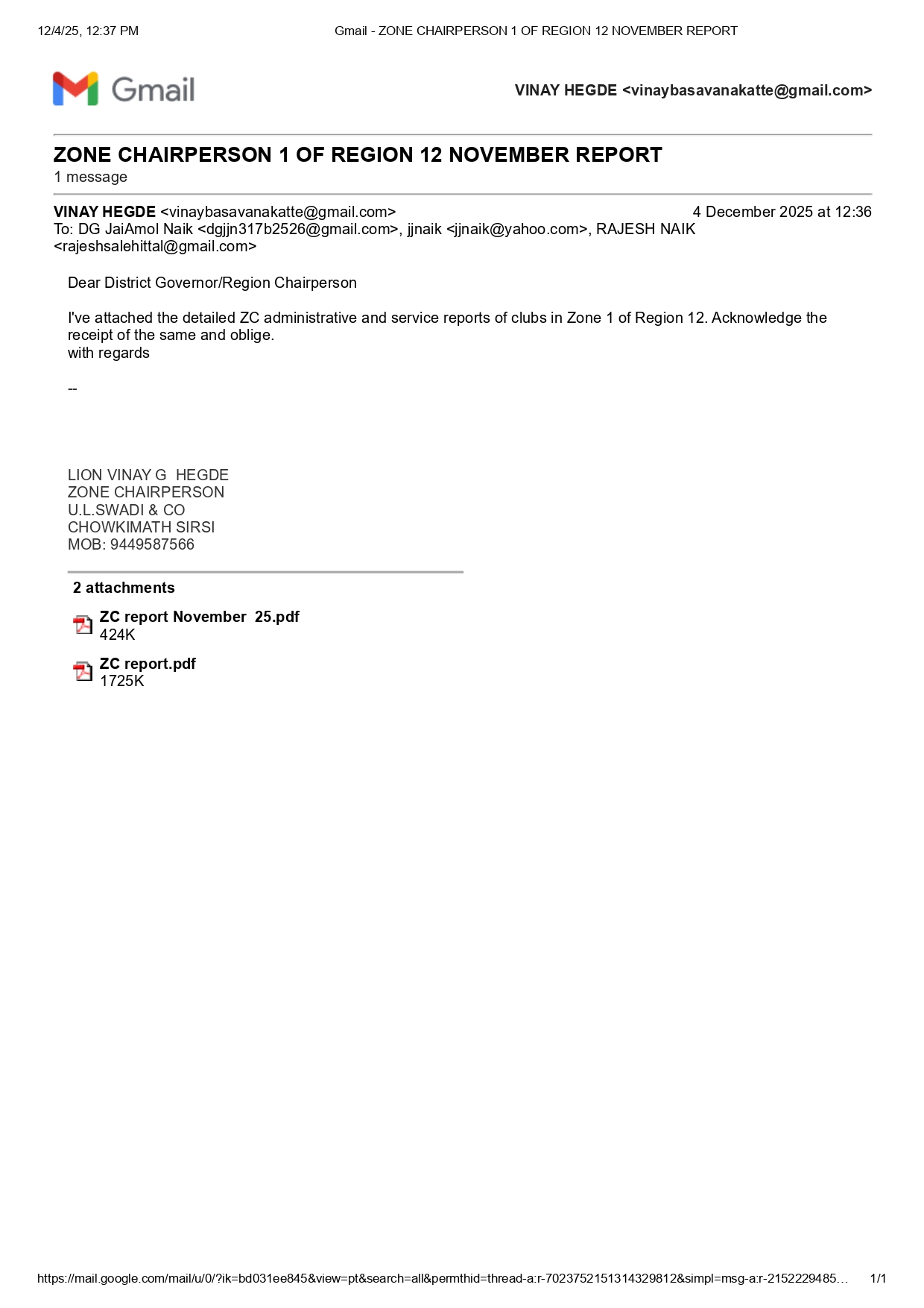 NOVEMBER MONTH ZC REPORT COMMUNICATED THROUGH MAIL TO DG OFFICE AND REGION CHAIRPERSON