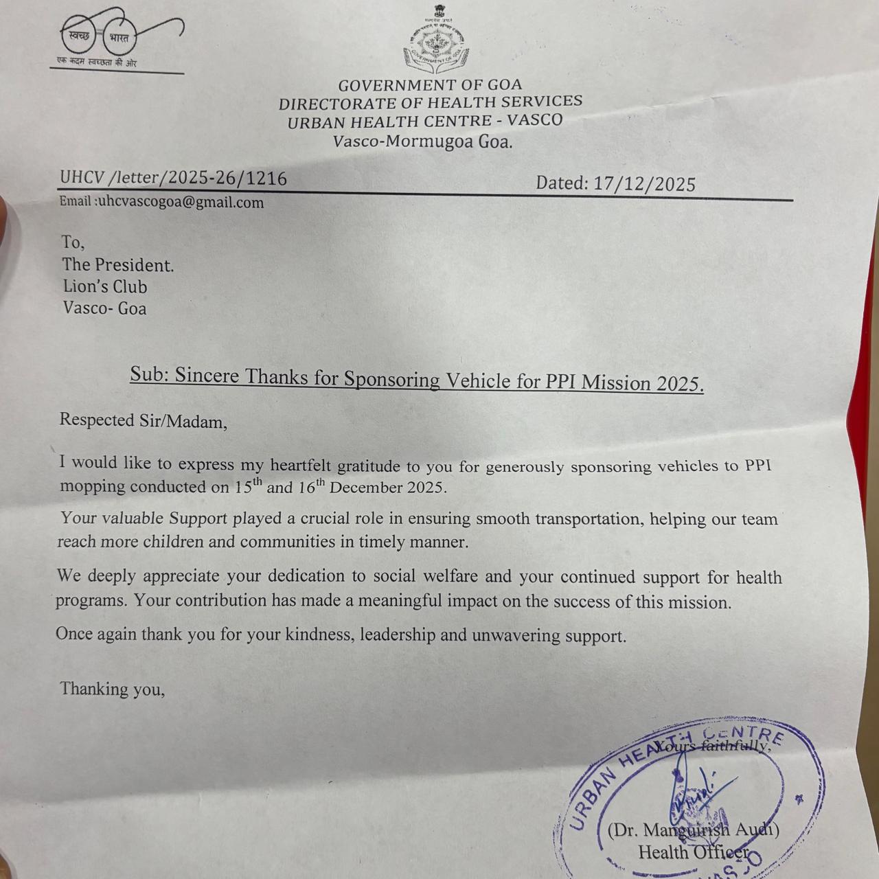 Sponsoring of Vehicles For Pulse Polio Immunisation 2025 program