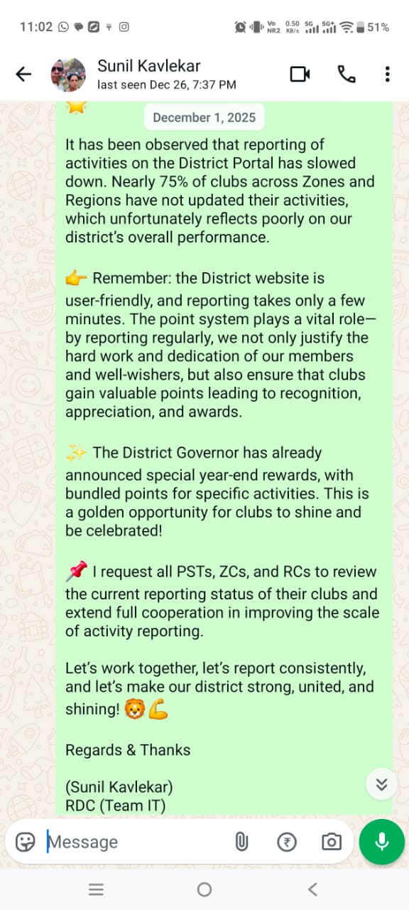 Awareness message posted on Activities reporting on District-317 B members Whats app groups on 01 Dec 2025