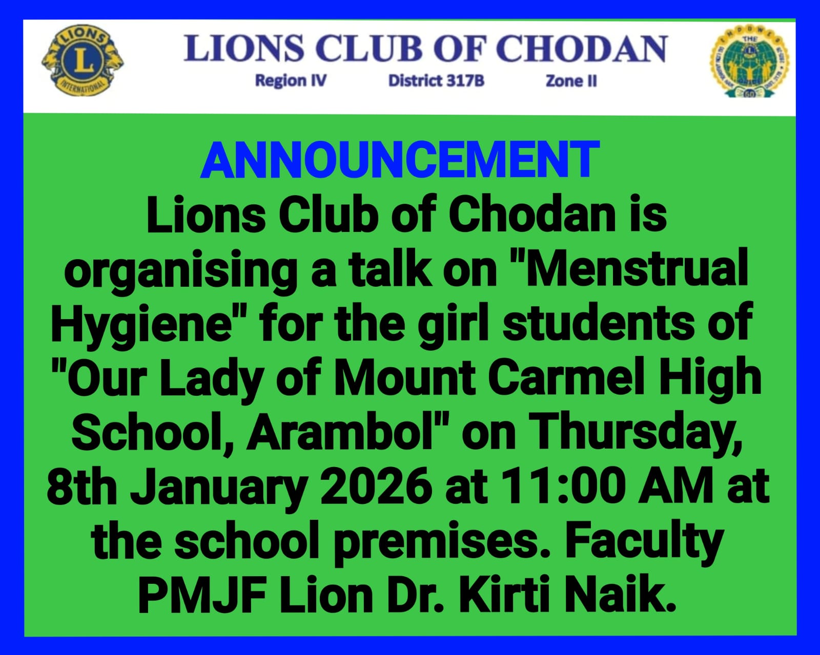 TALK ON 'MENSTRUAL HYGIENE' & DISTRIBUTION OF SANITARY PADS TO GIRLCHILD STUDENTS.