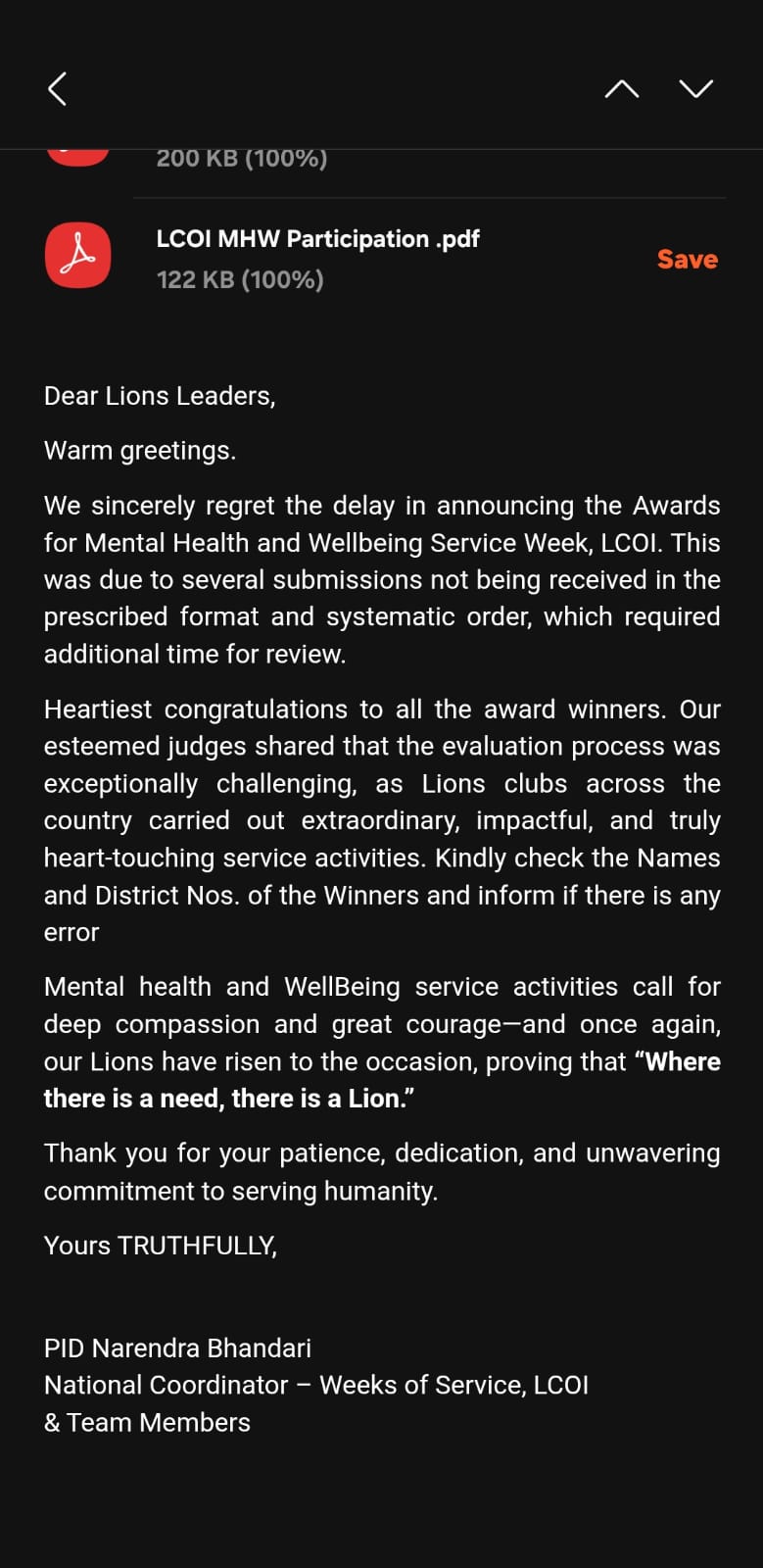 LCOI Hunger week awards submittion Done For The District Category to PID Narendra Bhandari