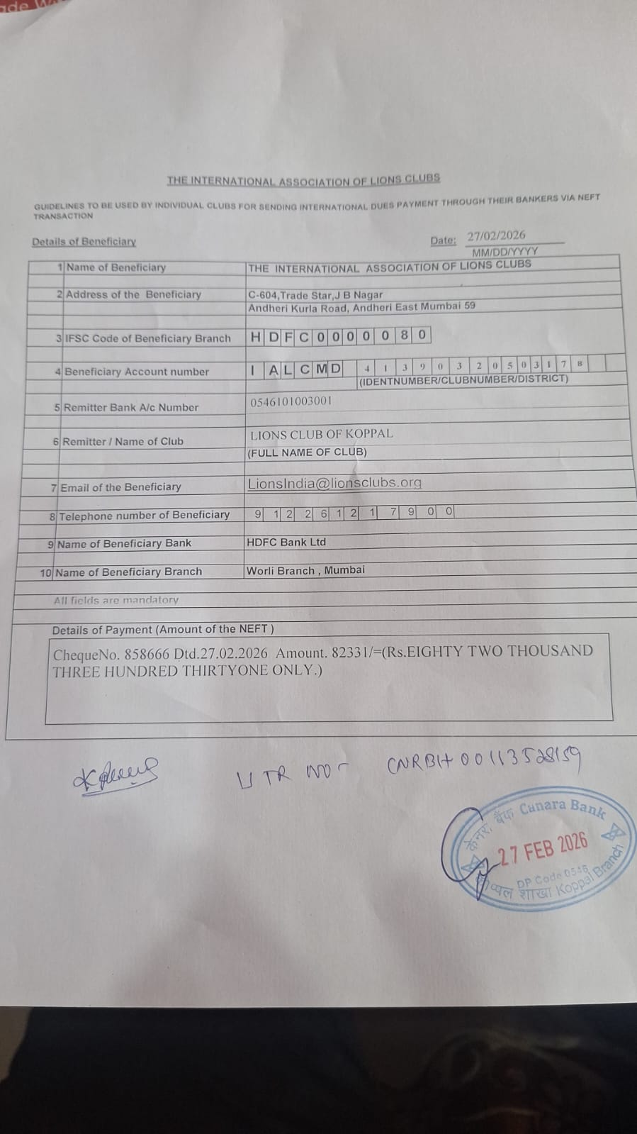 PAYMENT OF INTERNATIONAL DUES