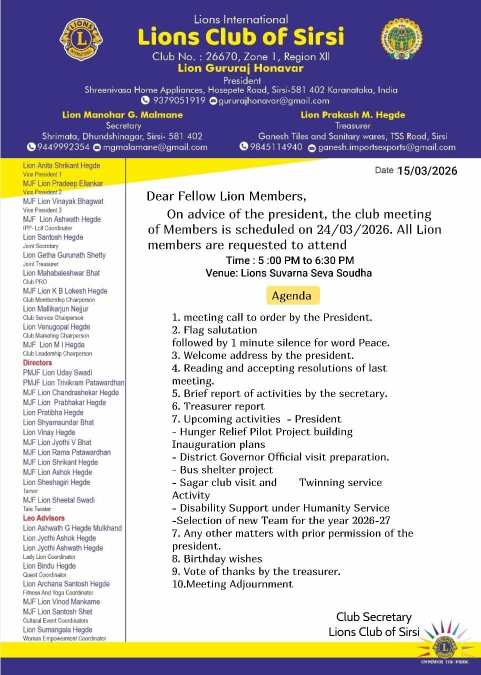 CLUB MONTHLY MEETING - MARCH 26