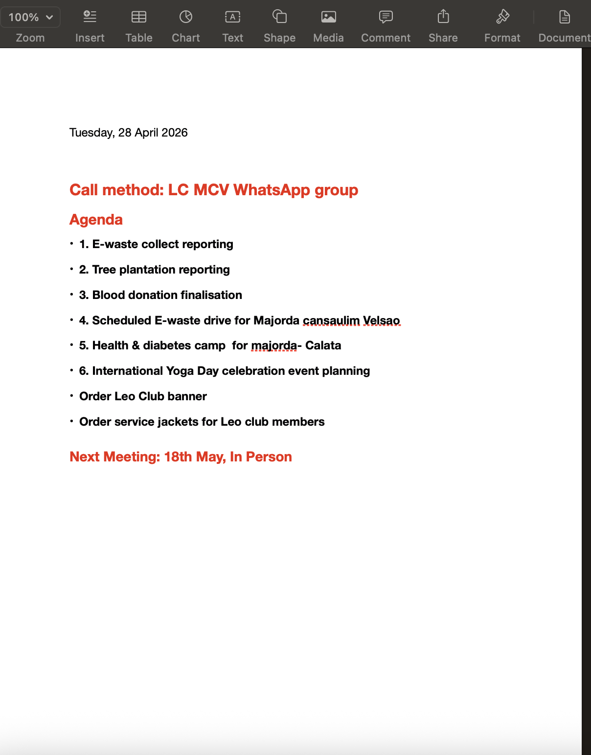 Special monthly meeting