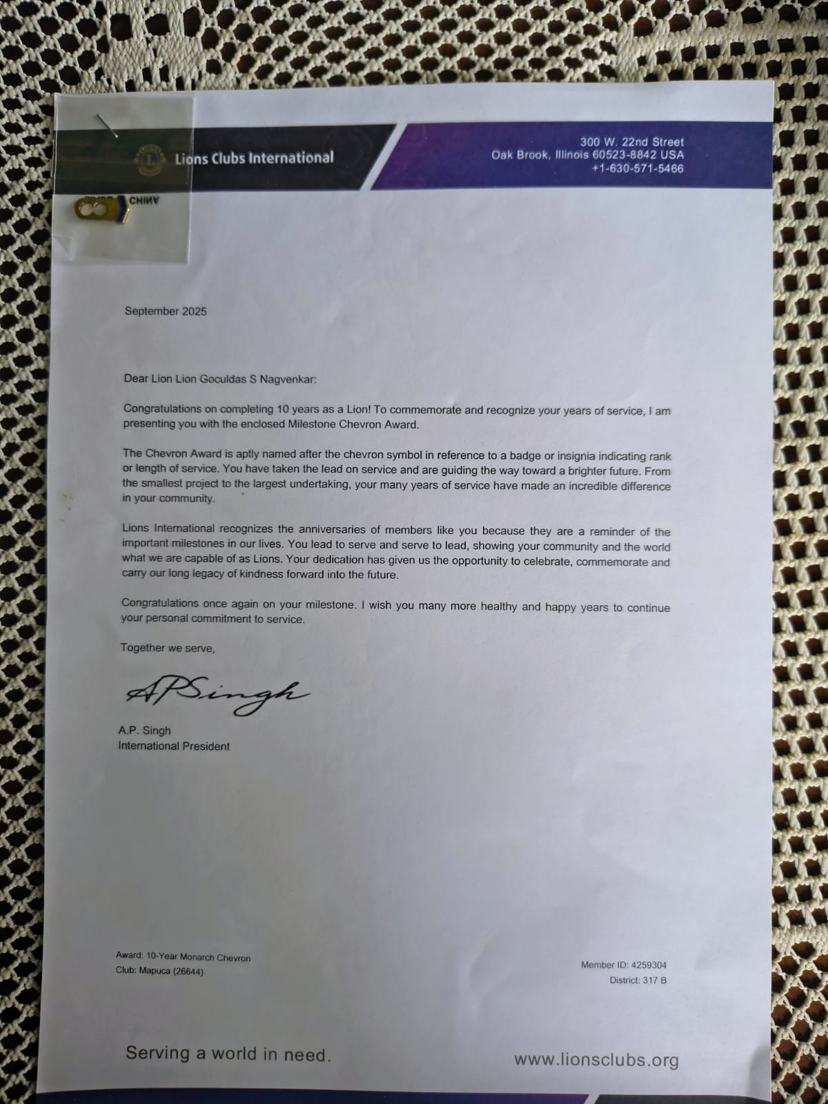 MILESTONE CHEVROPN AWARD  FOR 10 YEARS SERVICE RECOGNITION