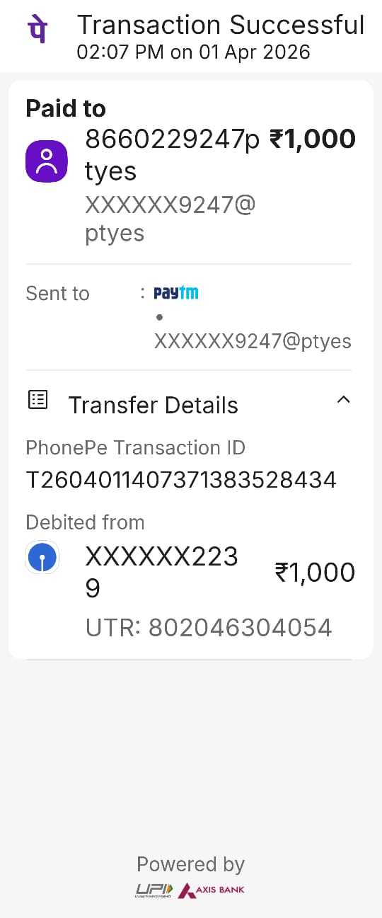 Donation of 1000Rs Monthly For Medical Student-for the month of April & May 2026