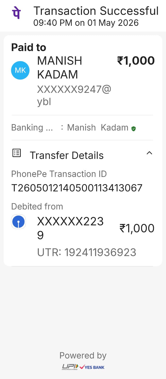 Donation of 1000Rs Monthly For Medical Student-for the month of April & May 2026