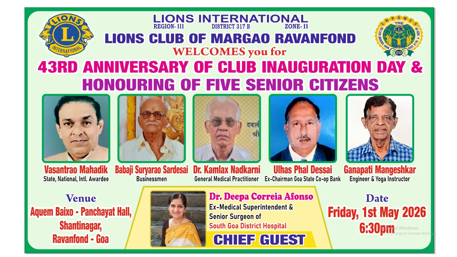 Attended 43rd Anniversary of Club Inauguration Day of LC Margao Ravanfond and Honouring of 5 Senior Citizens at the Hands of CG Dr Deepa Corriea