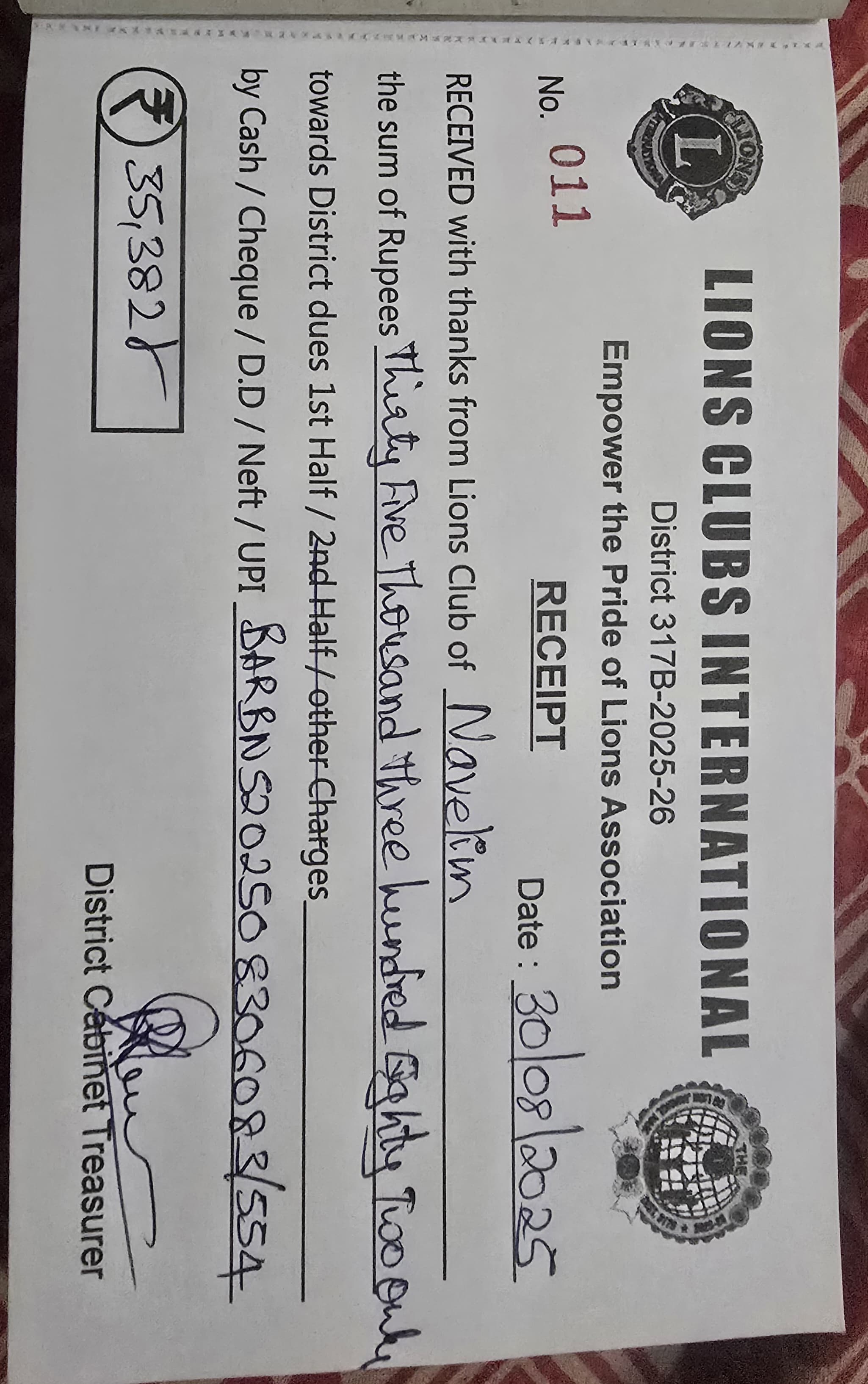 Paid Annual Dues of District in August of LC NAvelim