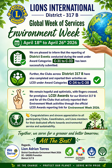 Reporting of District Events during the Week with Awards Category from C-31 to C-33 been Submitted.   The Clubs across District 317 B have reported on LCOI with Award Category C- 34 to C-38 been done 