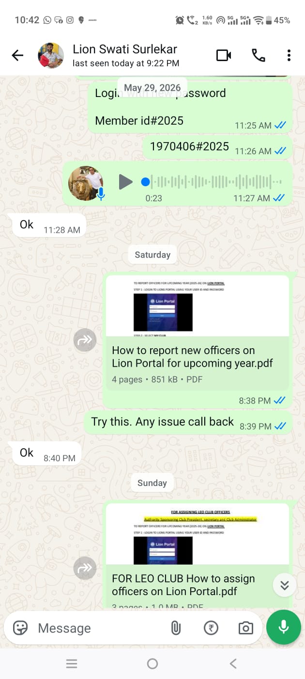ASSISTANCE PROVIDED TO CLUB PST / CLUB ADMINISTRATOR LION SWATI SURLKAR