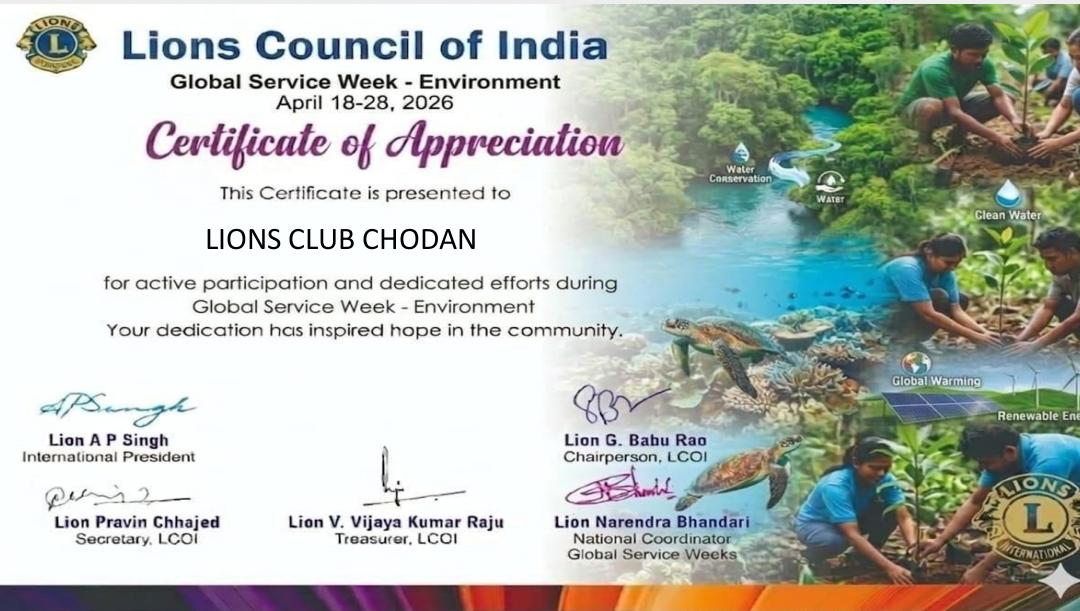 The Certificate of Appreciation for the Efforts and Hard Work from LCOI for Cleaner and Greener Goa with Environment Week of Service to it's Best for LC Chodan