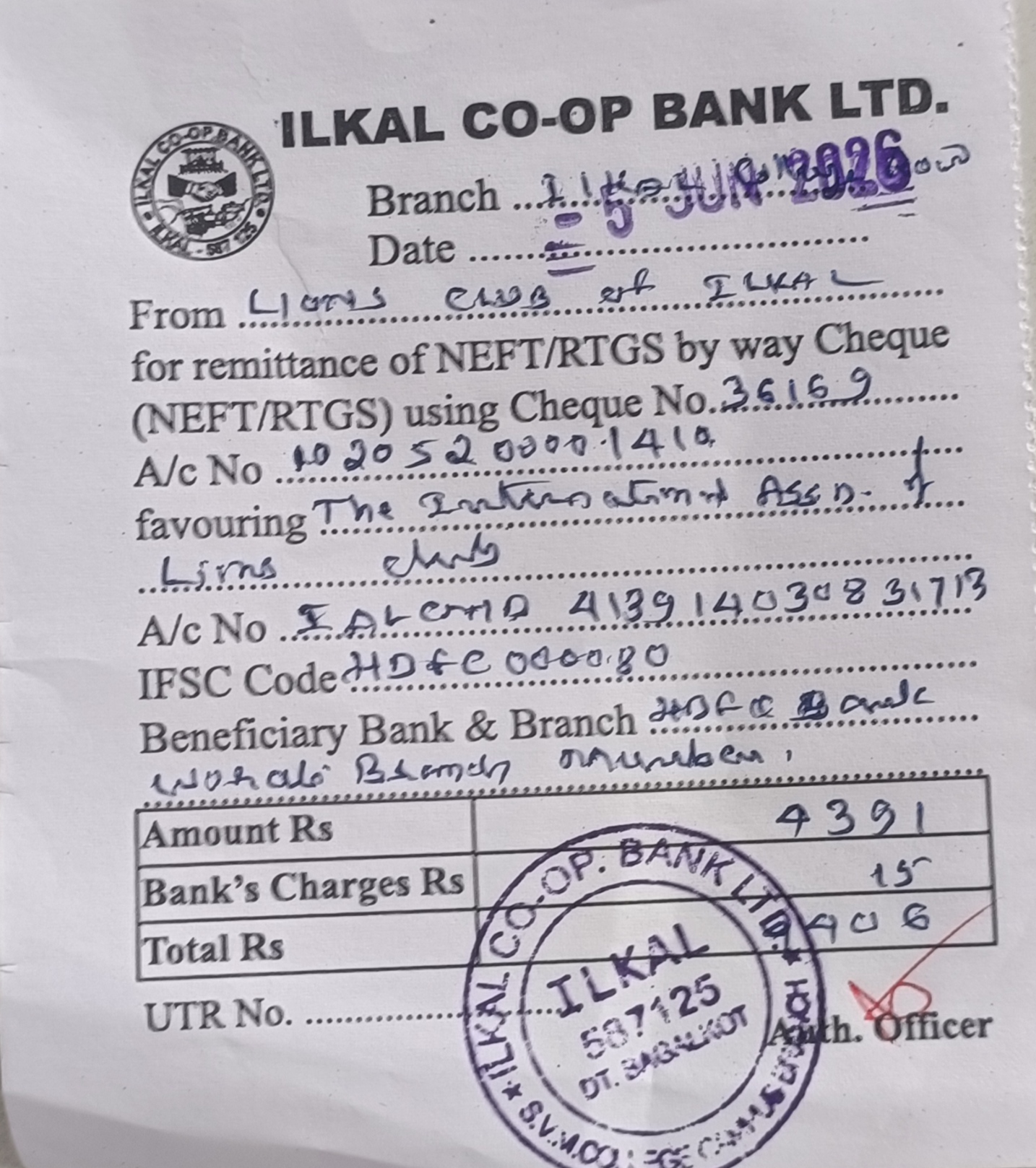 Payment of supplementary dues by Lions Club of Ilkal 
