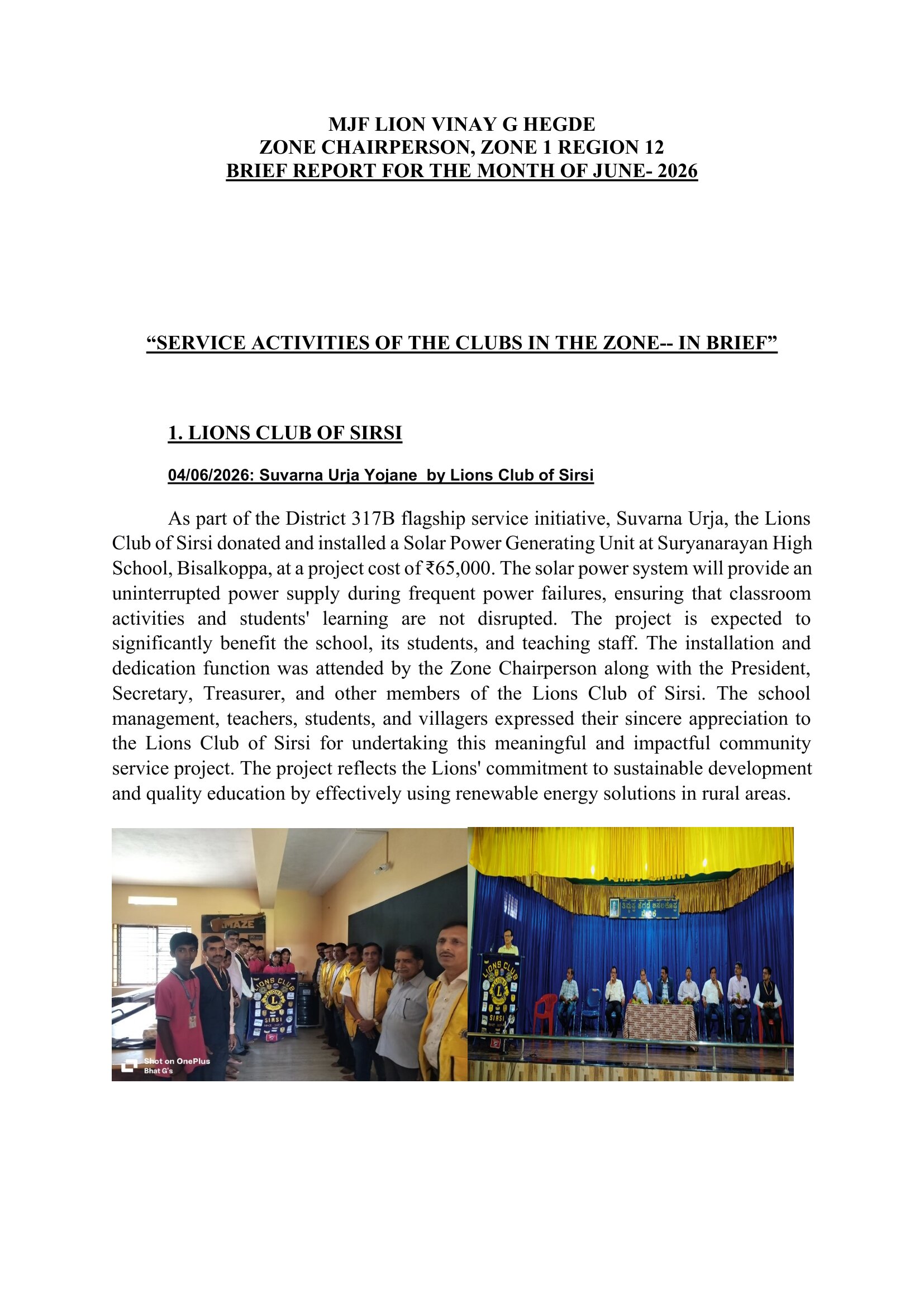 ZONE CHAIRPERSON REPORT FOR JUNE 2026