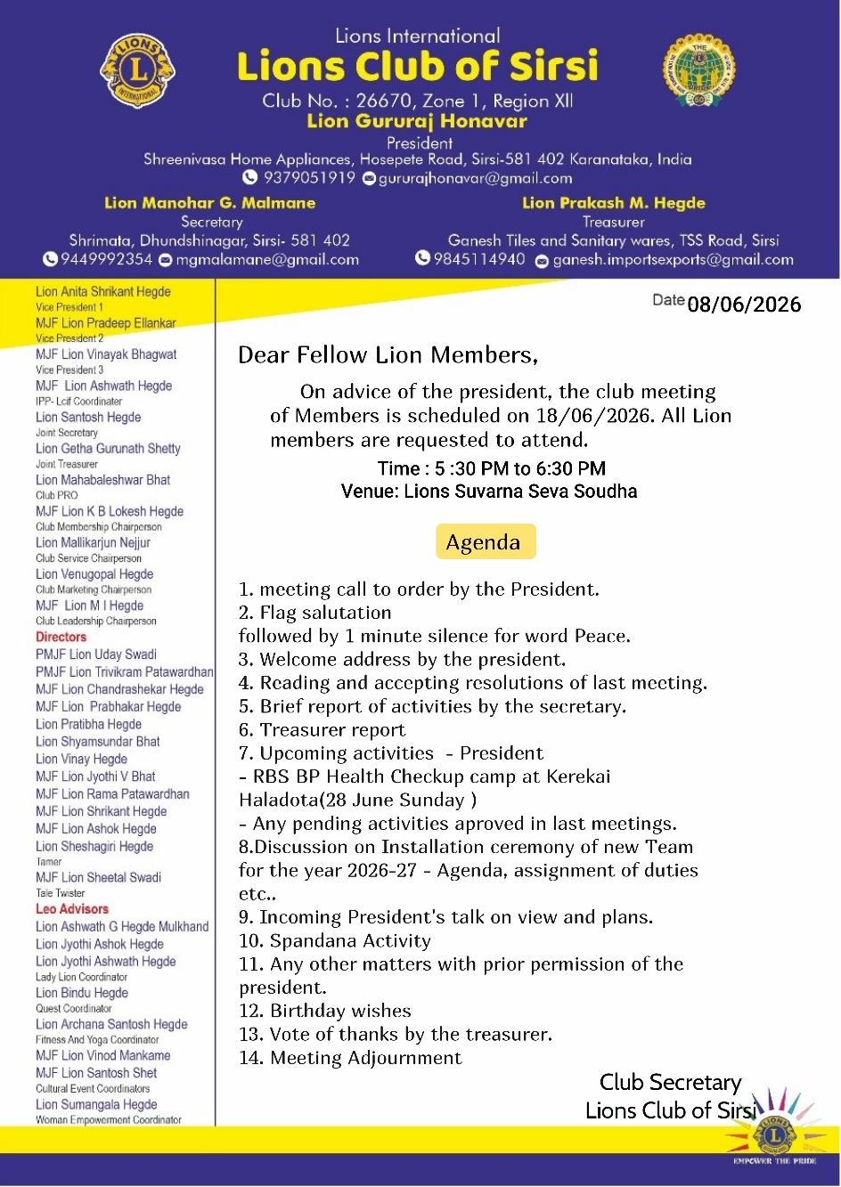 CLUB GENERAL BODY MEETING- JUNE 2026